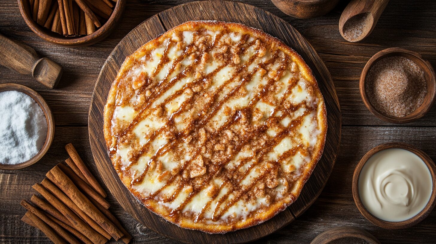 Freshly baked cinnamon-sugar pizza on a rustic table.