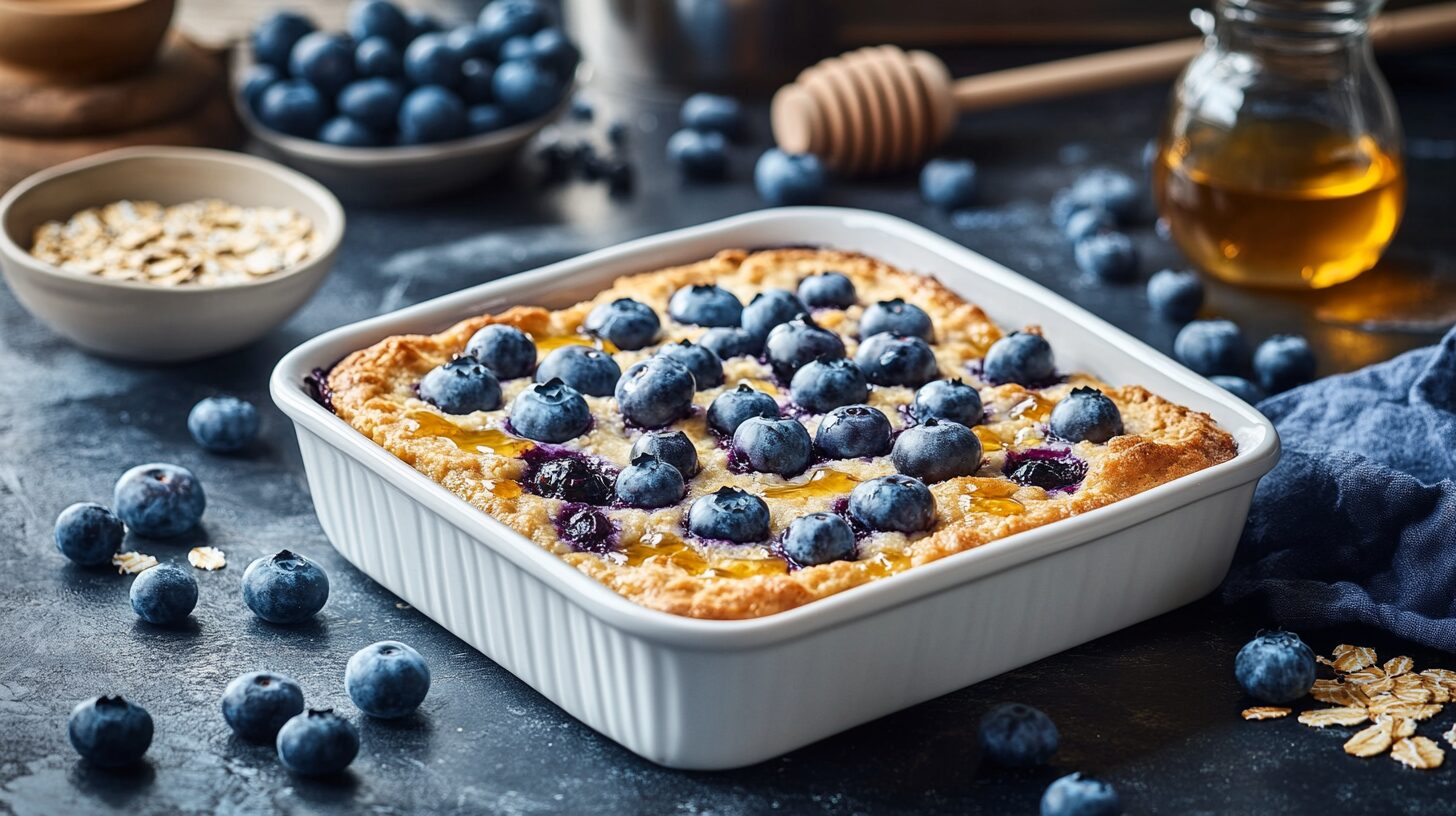 Freshly baked Blueberry Cottage Cheese Breakfast Bake in a ceramic dish.