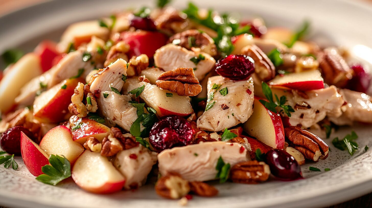 Fresh apple chicken salad with pecans and cranberries