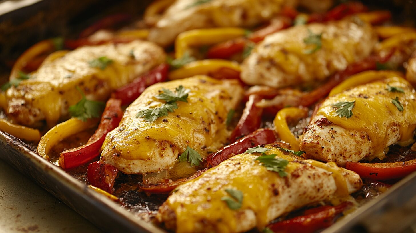 Baked chicken breasts topped with melted yellow cheese, surrounded by colorful bell peppers and garnished with fresh cilantro on a dark baking sheet.
